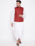 Vastramay Men's Maroon And White Cotton Blend Jacket, Kurta and Dhoti Set